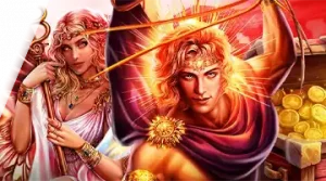 Изображение мифологических фигур, рекламирующих турнир Blitz Spinomenal в Jozz на фоне яркого света и сокровищ.